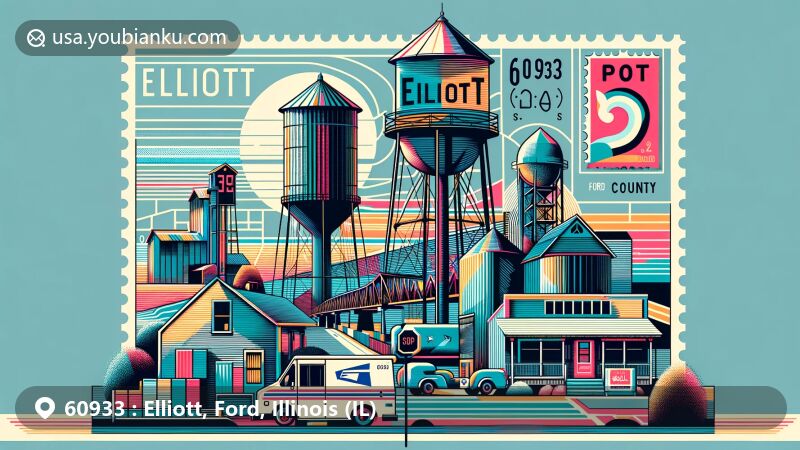 Modern illustration of Elliott, Ford County, Illinois, showcasing postal theme with ZIP code 60933, featuring water tower, grain elevator, and other local landmarks.