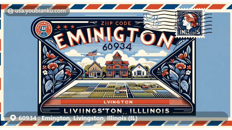 Vintage-style airmail envelope illustration of Emington, Livingston, Illinois, featuring village's layout, rural landscapes, and Illinois state symbols.