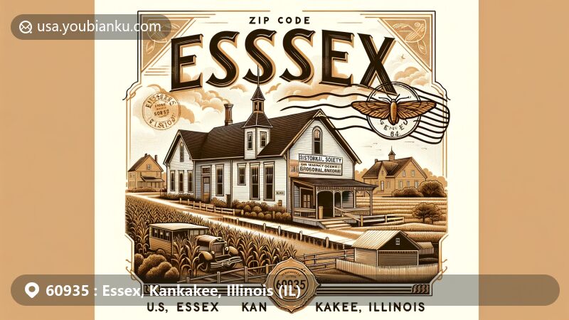 Modern illustration of Essex, Kankakee, Illinois, highlighting postal theme with ZIP code 60935, featuring vintage air mail envelope with Essex Historical Society Museum stamp, symbolizing local history and community heritage.