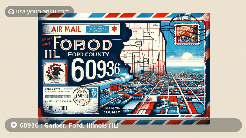 Modern illustration of Garber, Ford County, Illinois, inspired by postal theme with Illinois state flag, Ford County map, and Gibson City landmark, featuring vintage stamp, postmark, and air mail border.