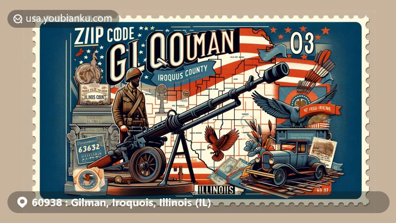 Modern illustration of Gilman, Iroquois County, Illinois, featuring Veterans Memorial and Field Gun, Illinois state flag, and railway heritage, with postal elements and ZIP Code 60938.
