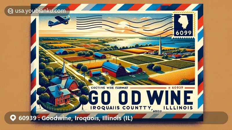Modern illustration of Goodwine, Iroquois County, Illinois, depicting rural landscape with iconic Midwestern barn, farmlands, and postal motifs, emphasizing ZIP code 60939.