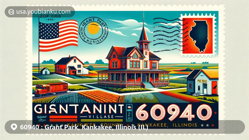 Modern illustration of Grant Park, Kankakee County, Illinois, highlighting local charm, state symbols, agriculture, and postal heritage with ZIP code 60940.