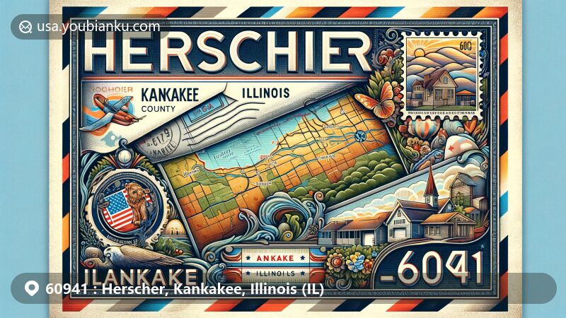 Modern illustration of Herscher, Kankakee, Illinois, with vintage airmail envelope design showcasing ZIP code 60941 and local landmarks, including map of Kankakee County and Illinois state symbols.