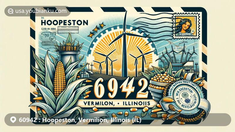Modern illustration of Hoopeston, Vermilion County, Illinois, showcasing postal theme with ZIP code 60942, featuring wind turbines and the Sweet Corn Festival elements.