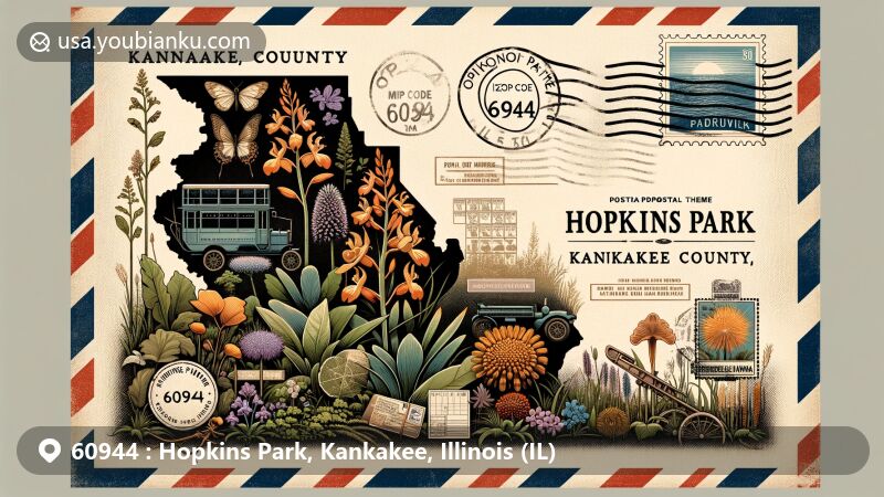 Vintage-style illustration of Hopkins Park, Kankakee County, Illinois, featuring ZIP Code 60944 and elements from Pembroke Savanna, including orange-fringed orchids and yellow false indigo.