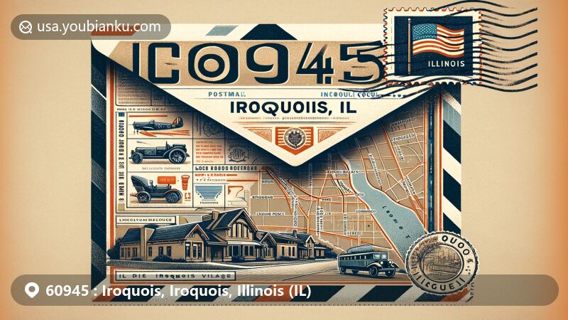 Vintage-style illustration of Iroquois, Iroquois County, Illinois, showcasing airmail envelope with ZIP code 60945, featuring detailed map of the county and postcard of Lincoln Avenue.