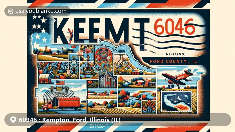Modern illustration of Kempton, Ford County, Illinois, inspired by airmail envelope design for ZIP code 60946, showcasing rural life and iconic landmarks in a vibrant and eye-catching style.