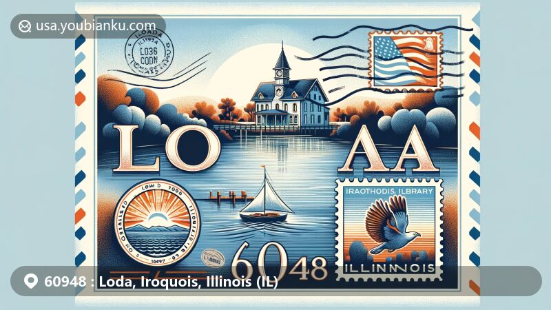 Vintage illustration of Loda, Iroquois, Illinois with ZIP code 60948, featuring airmail envelope, Bayles Lake, A. Herr and E. E. Smith Public Library, and Illinois state flag stamp.