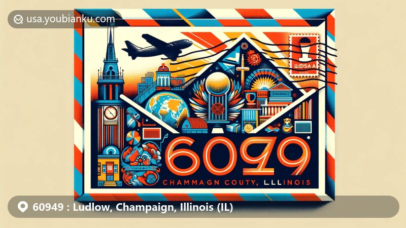 Colorful illustration of Ludlow, Champaign County, Illinois, spotlighting postal theme with ZIP code 60949 and airmail envelope, featuring state symbol motifs.