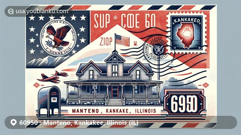 Modern illustration of Manteno, Kankakee County, Illinois, resembling an airmail envelope with Illinois state flag, Charles Skinner House, and postal elements for ZIP code 60950.