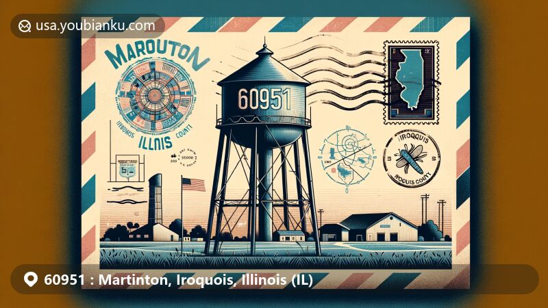 Vintage airmail envelope art for ZIP code 60951 in Martinton, Iroquois County, Illinois, featuring water tower stamp, Illinois state flag, Iroquois County map, and rural symbols.
