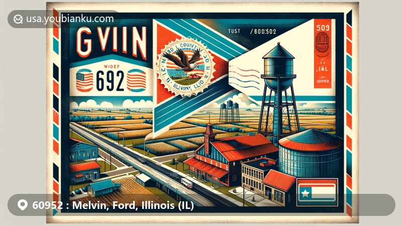 Artistic illustration of Melvin, Ford County, Illinois, showcasing modern postal-themed collage with vintage airmail envelope, Illinois state flag, water tower, grain elevator, and postal elements.