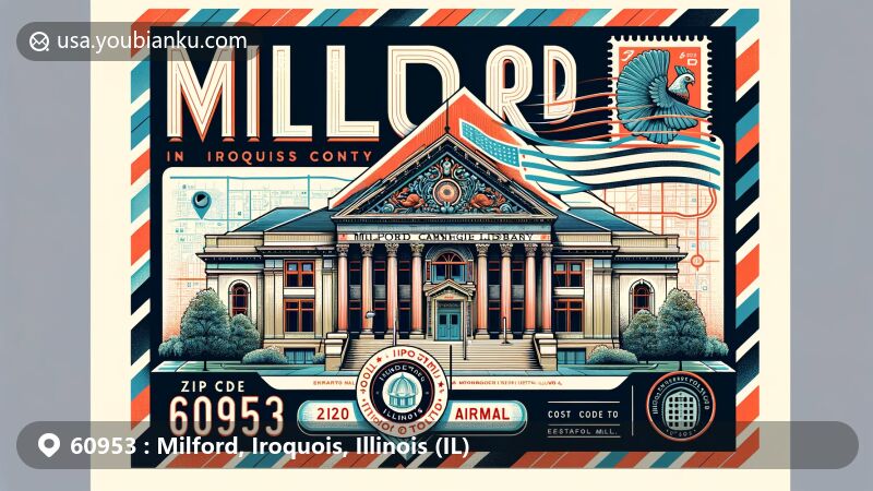Modern illustration of Milford, Iroquois County, Illinois, designed as an airmail envelope with ZIP code 60953, featuring Milford Carnegie Library and Illinois state flag.