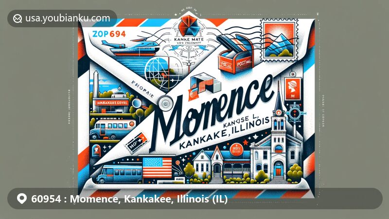 Modern illustration of Momence, Kankakee, Illinois, featuring vintage airmail envelope with ZIP code 60954, highlighting Kankakee County outline, Graham Historic House, and Our Lady of Lourdes Grotto.
