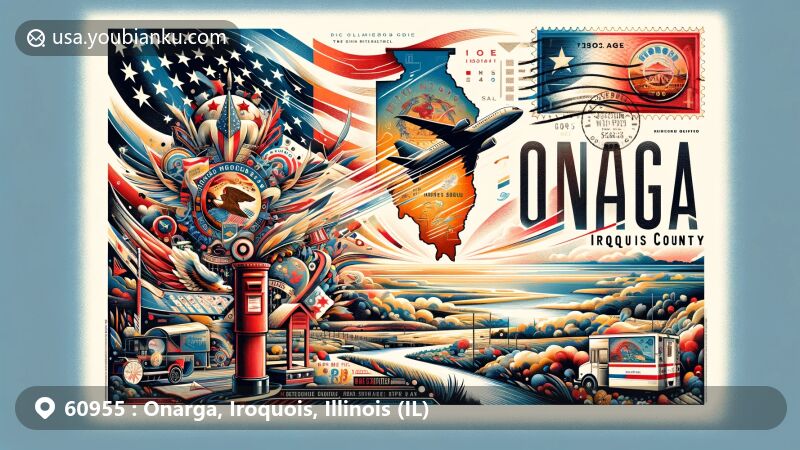 Modern illustration of Onarga, Iroquois County, Illinois, in the style of a wide-format postcard or airmail envelope, showcasing the Illinois state flag, an outline of Iroquois County, and a cultural symbol of Onarga, with vintage postal elements like a stamp, postmark, mailbox, and postal van.
