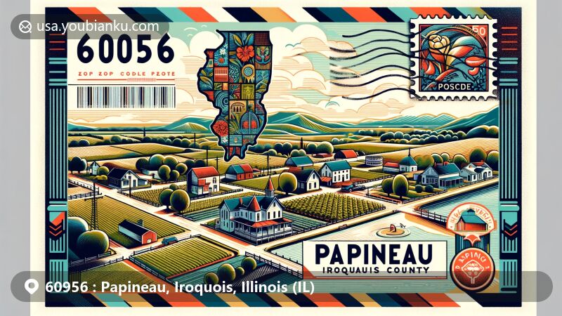 Modern illustration of Papineau, Iroquois County, Illinois, depicting rural charm and serene environment, featuring Iroquois County outline with agricultural fields and Midwestern architecture. Includes vintage postal elements with ZIP code 60956.