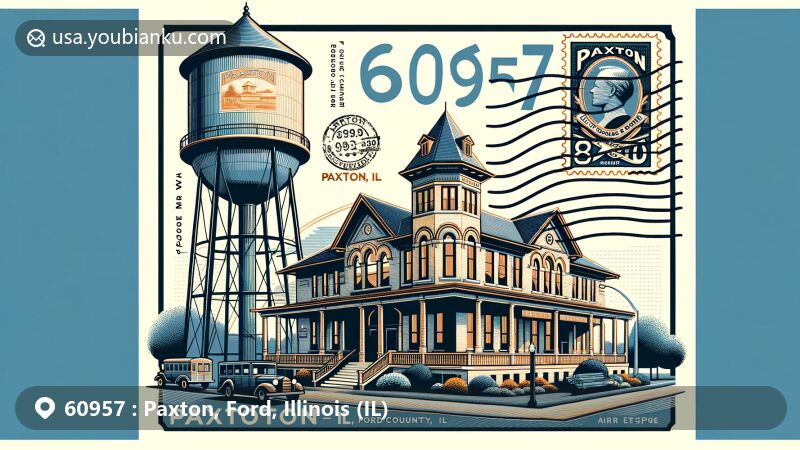 Modern illustration of Paxton, Ford County, Illinois, showcasing postal theme with ZIP code 60957, featuring Paxton Carnegie Library and Paxton Water Tower.