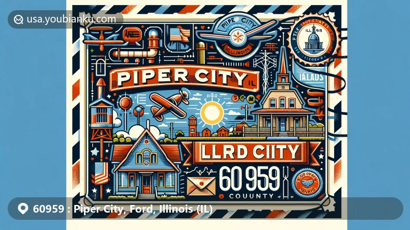 Modern digital illustration of Piper City, Ford County, Illinois (IL), capturing rural village ambiance and postal theme with ZIP code 60959.