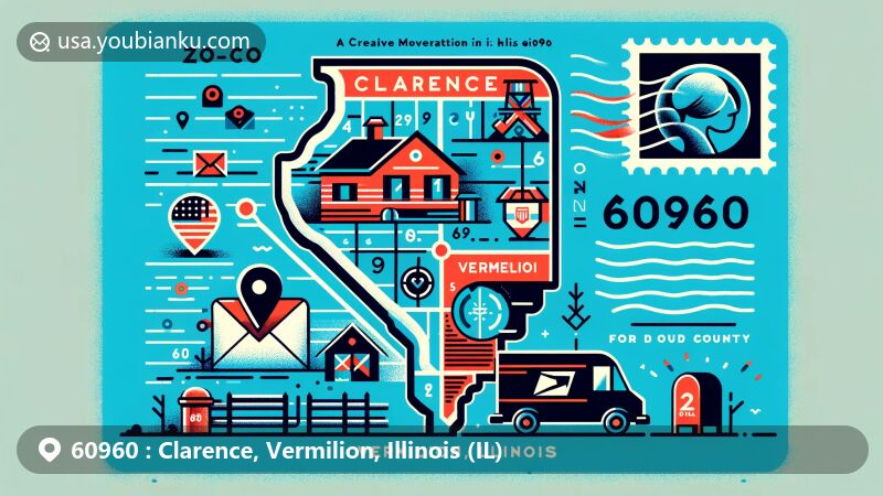 Vibrant illustration of Clarence, Vermilion County, Illinois, representing ZIP code 60960, featuring rural community life symbols and postal elements like stamp, postmark, mailbox, and postal van.