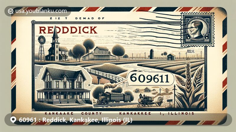 Modern illustration of Reddick, Kankakee County, Illinois, highlighting postal theme with vintage airmail envelope showcasing local landmarks and cultural elements.