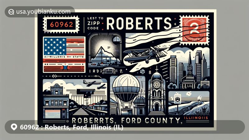 Modern illustration of Roberts, Ford County, Illinois, showcasing postal theme with ZIP code 60962, featuring Illinois state flag, Ford County map silhouette, and iconic Roberts landmark.