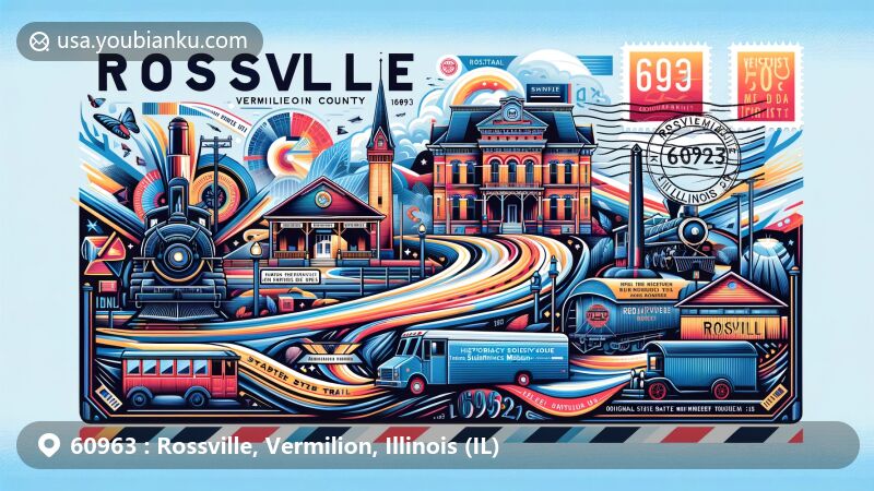 Modern illustration of Rossville, Vermilion County, Illinois, featuring key landmarks like Rossville Historical Society Museum, Rossville Railroad Depot Museum, Hubbard Trail Monument, and Original State Road Mile Marker from 1833, integrated with postal motifs of postage stamp, postmark with '60963', and vintage postal van.