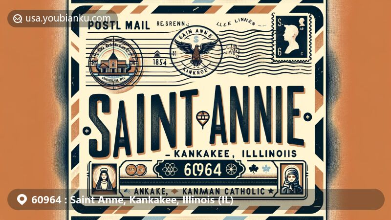 Modern illustration of Saint Anne, Kankakee County, Illinois, depicting ZIP code 60964 in a vintage airmail envelope style with postal elements and iconic village symbols.