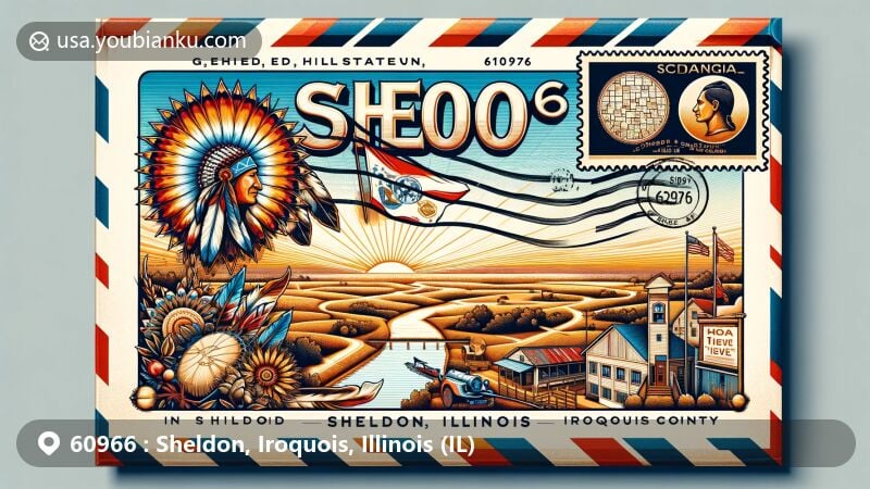 Modern illustration of Sheldon, Iroquois County, Illinois, illustrating postal theme with ZIP code 60966, featuring a vintage-style airmail envelope with detailed landscape and cultural elements.