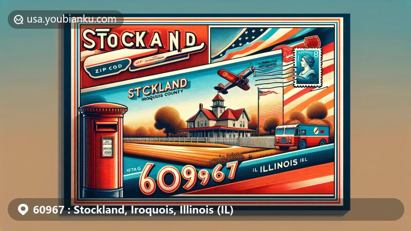 Vibrant illustration of Stockland, Iroquois County, Illinois, showcasing Dawson Park and airmail envelope with state flag postage stamp, mailbox, and postal delivery truck.