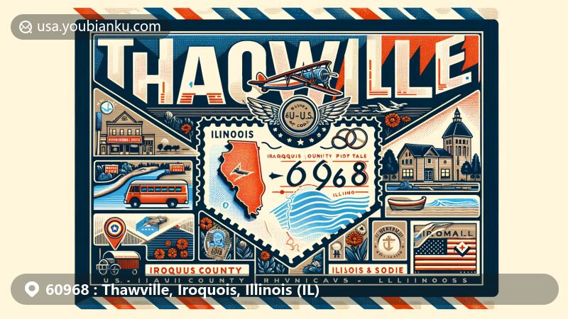 Vintage-style illustration of Thawville, Iroquois County, Illinois, inspired by airmail envelopes, showing detailed map, local landmarks, and Illinois state flag.