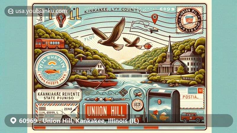 Vintage postcard style illustration of Union Hill, Kankakee County, Illinois, featuring Kankakee River State Park, Big River Fly Fishing, and postal theme with airmail envelope and classic symbols.