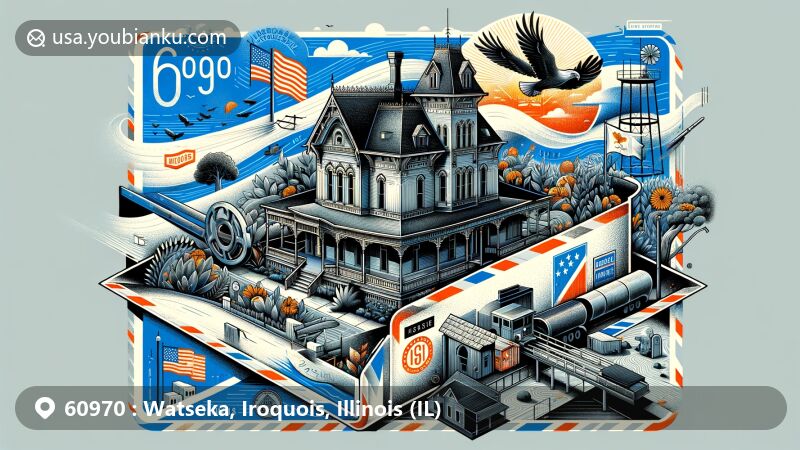 Modern illustration of Watseka, Iroquois County, Illinois, showcasing postal theme with ZIP code 60970, featuring the historic Roff House, Iroquois River, Sugar Creek, and Illinois state flag.