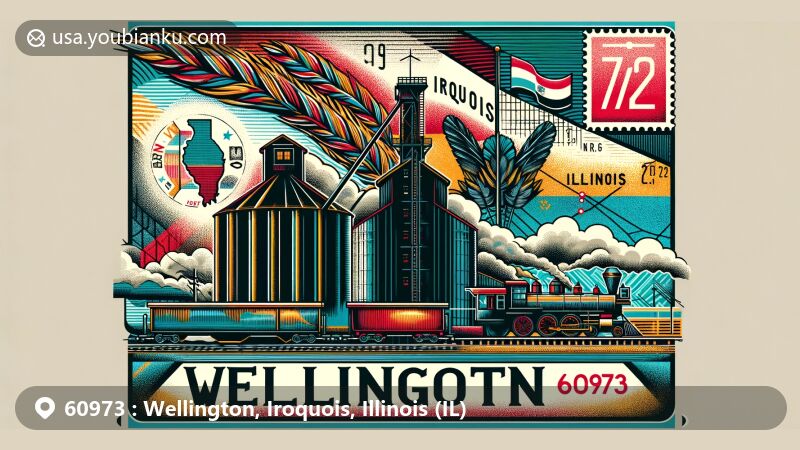 Vibrant illustration of Wellington, Iroquois, Illinois, representing ZIP Code 60973 with a detailed postcard featuring local landmarks like a grain elevator and railroad, Iroquois County map, Illinois state flag, and Native American cultural elements.