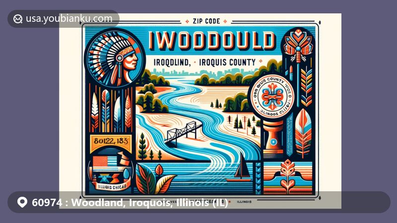 Modern illustration of Woodland, Iroquois County, Illinois, highlighting ZIP code 60974, featuring vibrant depiction of Iroquois River and Native American cultural elements with a vintage postcard theme.