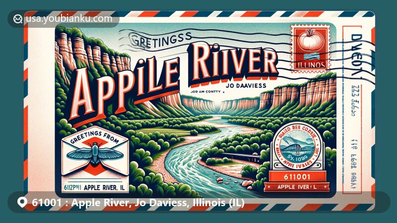 Vibrant illustration of Apple River, Jo Daviess County, Illinois, with a vintage postcard showcasing Apple River Canyon State Park and a traditional airmail envelope, accented with the Illinois state flag and a postal cancellation mark.