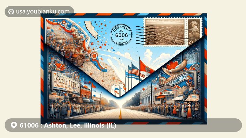 Modern illustration of Ashton, Lee County, Illinois, designed as an airmail envelope with vintage-style interpretive mural depicting Pavement Jubilee, scenes from 1921 celebration, Lincoln Highway section, Lee County map outline, postal stamp with ZIP code 61006, and Illinois state flag.