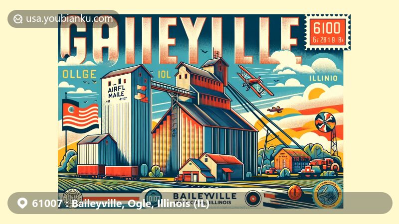 Vibrant illustration of Baileyville, Ogle County, Illinois, featuring modern depiction of grain elevators and iconic state symbols like the flag and map outline, with stylized postal theme and ZIP code 61007.