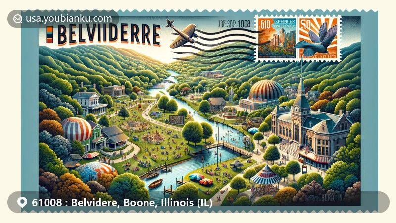 Modern illustration of Belvidere, Boone, Illinois (IL), showcasing the natural beauty of Spencer Park, Boone County Museum of History, Funderburg House, Summerfield Zoo, and vibrant community life.