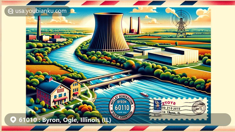 Modern illustration of Byron, Ogle County, Illinois, showcasing the ZIP code 61010 area with a vibrant, creative design. Features include the Rock River, Byron Nuclear Generating Station, agricultural fields, and vintage airmail envelope border with postal elements.