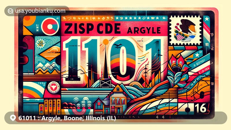 Modern illustration of Argyle, Boone County, Illinois, featuring inventive postal card design with ZIP code 61011, showcasing Illinois flag, Boone County outline, and local landmark, combined with vintage postal elements.