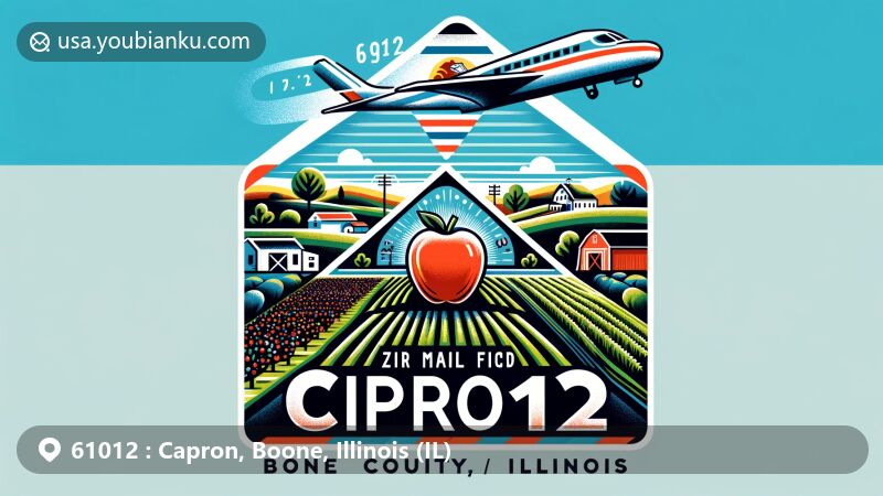Vibrant illustration of Capron, Boone County, Illinois, highlighting air mail envelope with ZIP code 61012, rural landscape, apple orchard, and Illinois state flag.