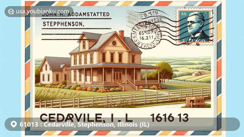 Vintage-style illustration of Cedarville, Stephenson County, Illinois, featuring John H. Addams Homestead and rural landscape, with Illinois state flag stamp and Cedarville postmark.