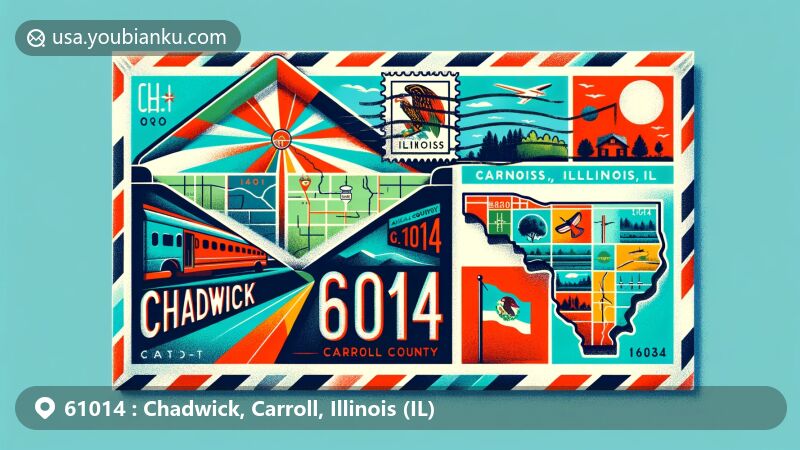 Modern illustration of Chadwick, Carroll County, Illinois, styled after an airmail envelope with ZIP code 61014, showcasing county map, rural landscapes, and Illinois state flag.