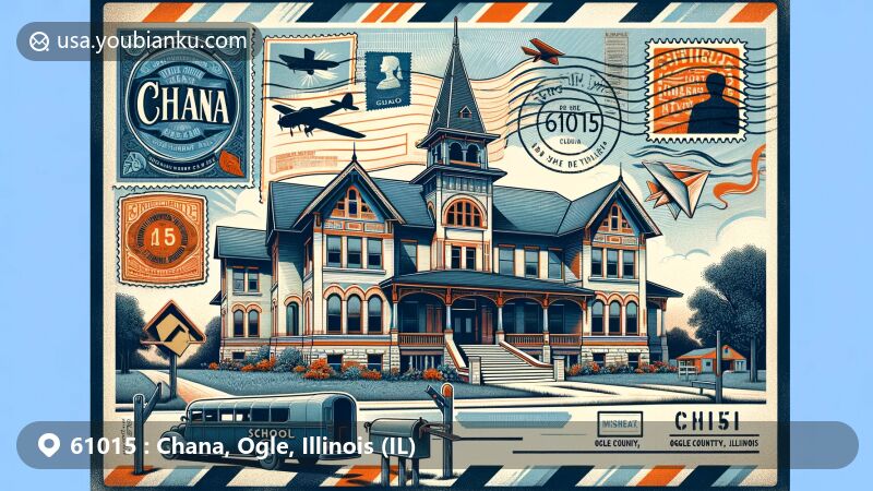 Illustration of Chana, Ogle County, Illinois, depicting Chana School with Italianate architectural style, postal theme, and rural landscape, emphasizing historical significance and local heritage.