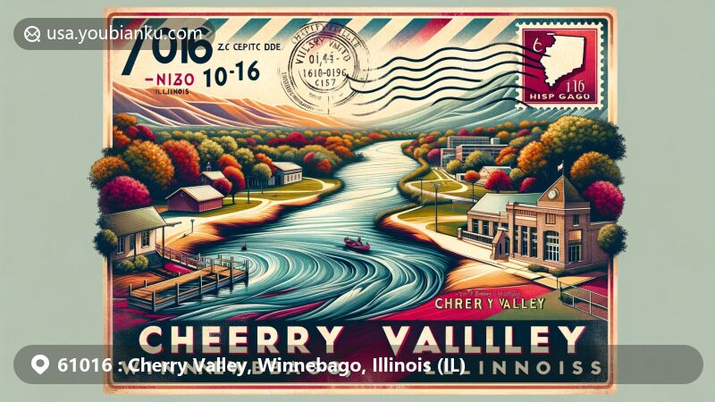 Modern illustration of Cherry Valley, Winnebago, Illinois, portraying the Kishwaukee River, Cherry Valley Lake, and the Historical Society Museum, set in a postcard format with a postal theme. ZIP code 61016 stands out.