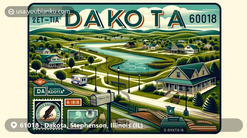 Modern illustration of Dakota, Stephenson County, Illinois, featuring a close-knit community and outdoor lifestyle. Includes parks, lakes, trails, and suburban environment.