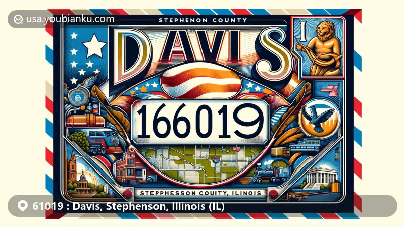 Modern illustration of Davis, Stephenson County, Illinois, blending postal theme with ZIP code 61019, featuring landmarks and symbols of the city in a vibrant style.