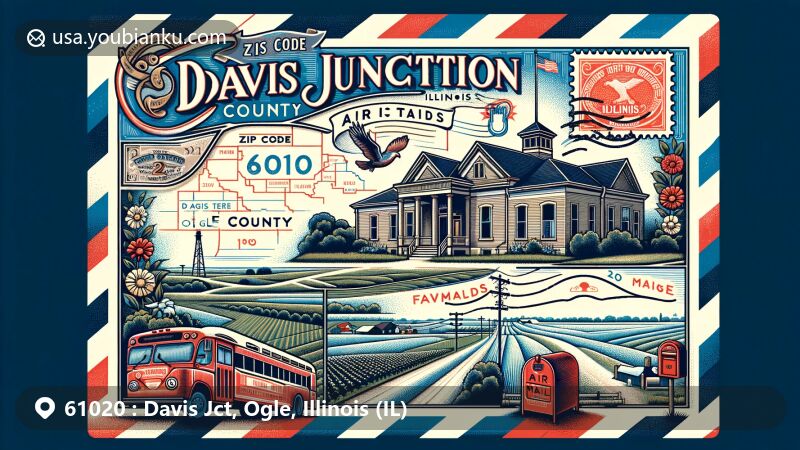 Modern illustration of Davis Junction, Ogle County, Illinois, highlighting Davis Junction Park and rural landscape, featuring Illinois state flag and Ogle County map.