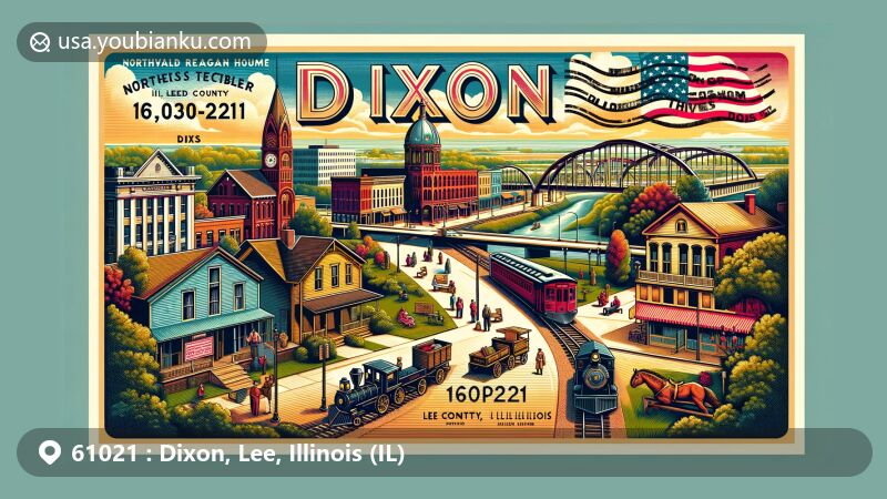 Postcard-style illustration of Dixon, Lee County, Illinois, highlighting ZIP code area 61021 with landmarks including Ronald Reagan Boyhood Home, Northwest Territory Historic Center, Lowell Park, Veterans Memorial Park, Old Settlers Log Cabin, and Dixon's Railroad Street Arches.